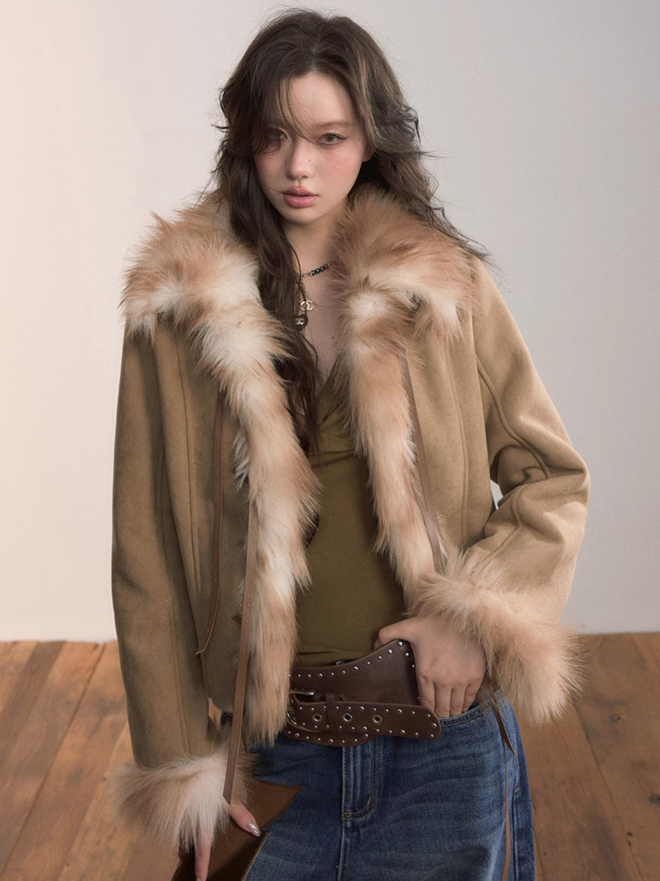 Faux Shearling Bow-Tie Collar Jacket khaki