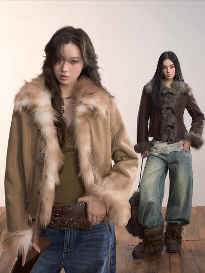 Faux Shearling Bow-Tie Collar Jacket khaki