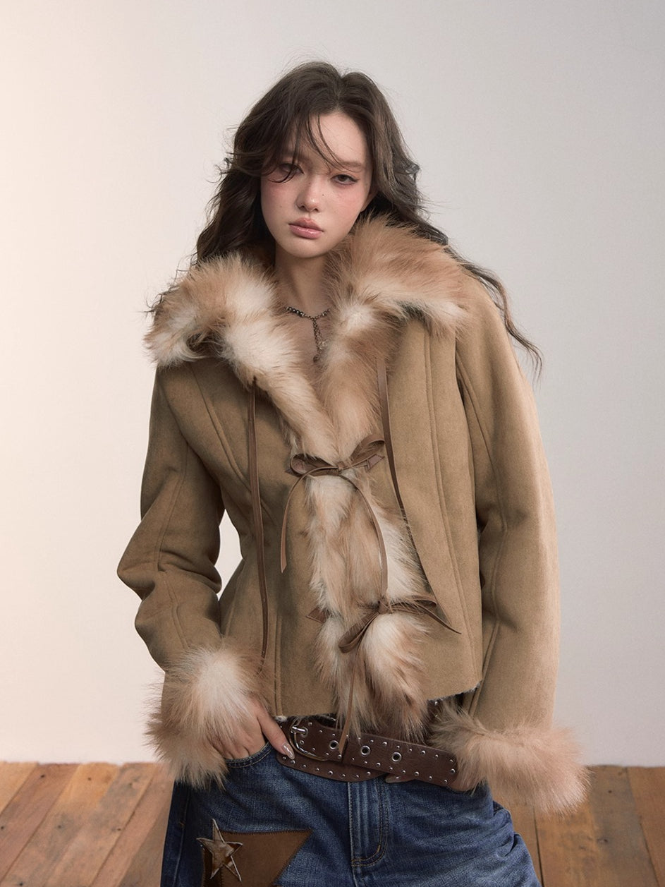 Faux Shearling Bow-Tie Collar Jacket khaki