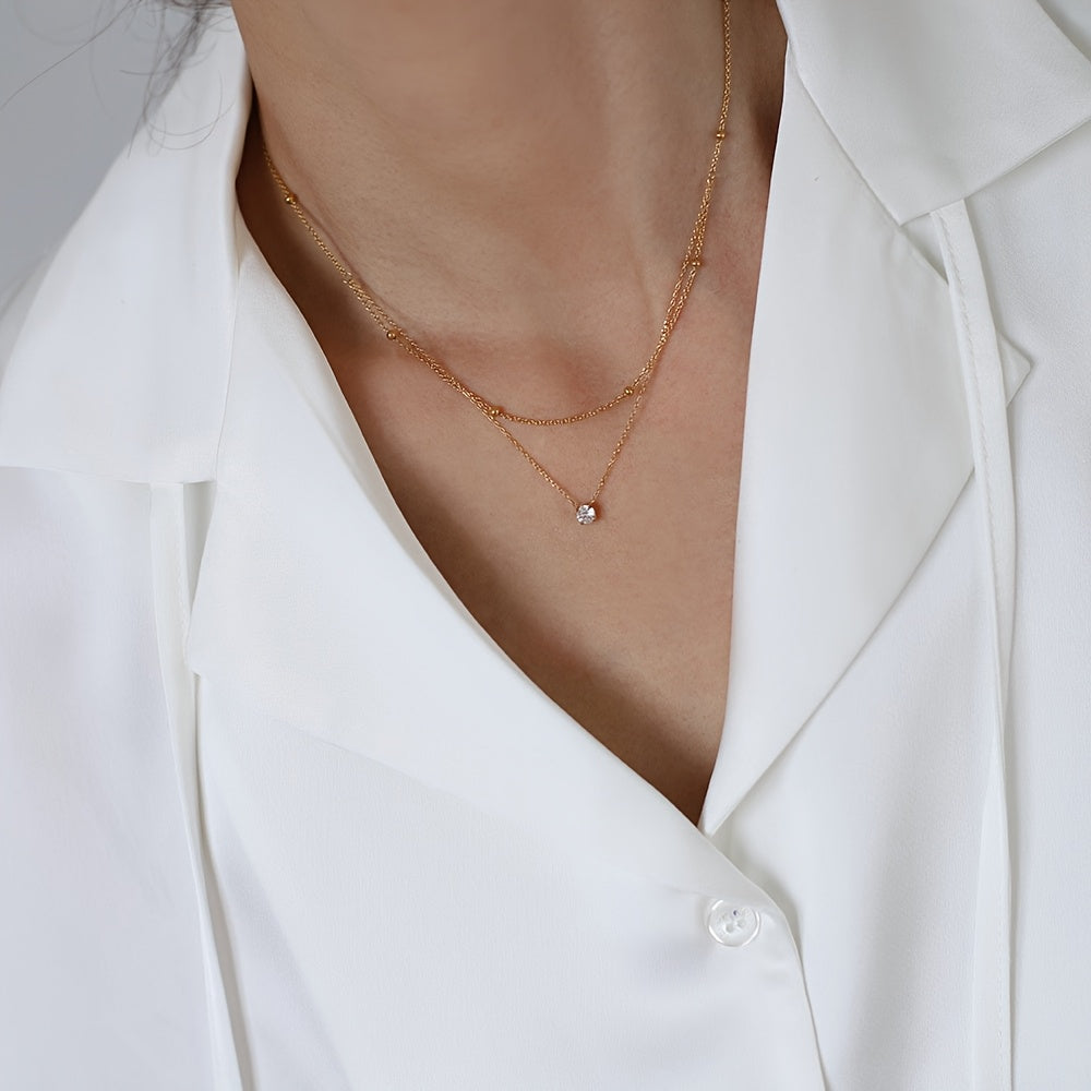 Double Layer Necklace - Stainless Steel Beads with Rhinestone