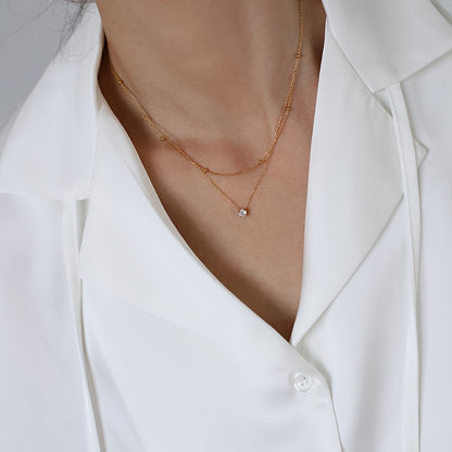 Double Layer Necklace - Stainless Steel Beads with Rhinestone