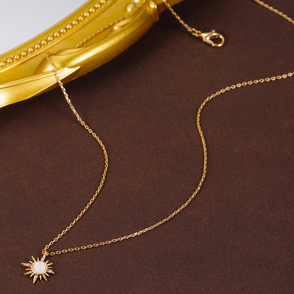 Elegant 18K Golden Plated Copper Pendant Necklace with Rhinestone Sunburst Star Design