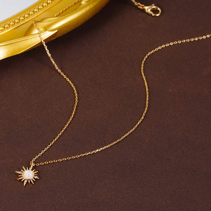 Elegant 18K Golden Plated Copper Pendant Necklace with Rhinestone Sunburst Star Design