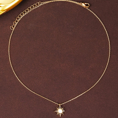 Elegant 18K Golden Plated Copper Pendant Necklace with Rhinestone Sunburst Star Design
